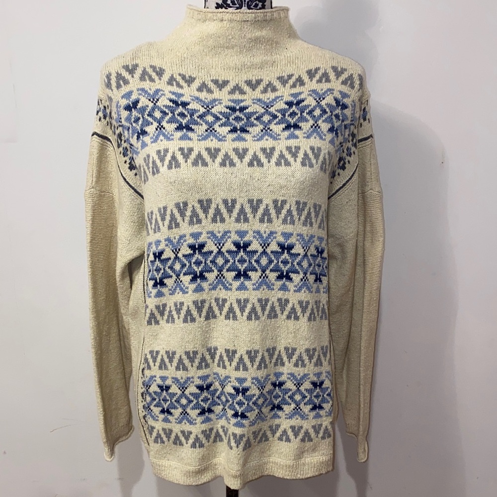 Chaps Cream & Blue Fair Isle Mock Neck Sweater XL Petite